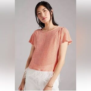 Eva Franco Feather Top Orange-Motif Textured Blouse with Feather Trim